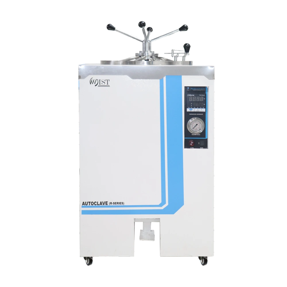 Vue avant d'un stérilisateur autoclave vertical WIST série R, doté d'un panneau de commande numérique et d'un couvercle de verrouillage à bras radial sécurisé pour usage en laboratoire.