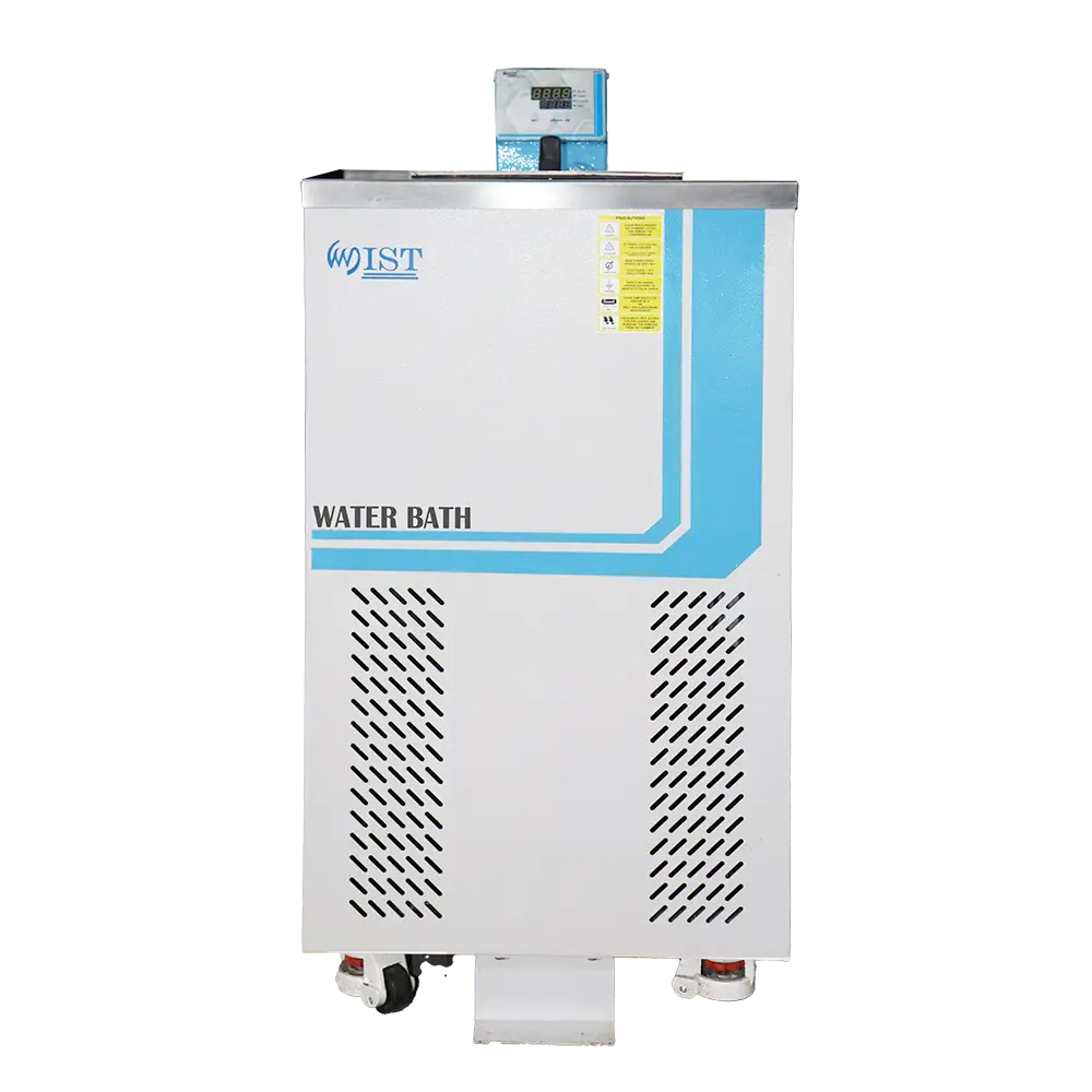 Front view of a WIST laboratory water bath with a digital PID controller, designed for stable and uniform temperature heating of samples.
