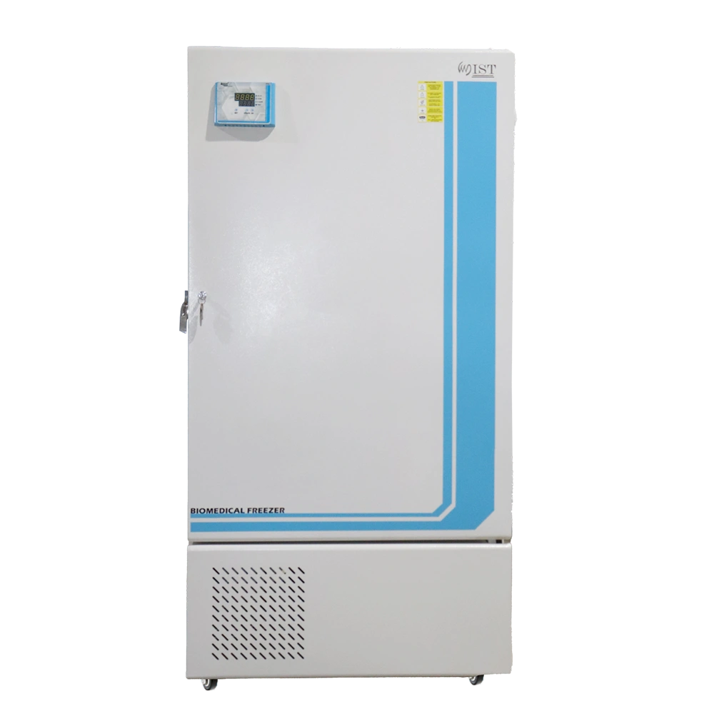 Front view of a tall, upright WIST Biomedical Freezer with digital temperature display, crucial for vaccine and pharmaceutical storage.