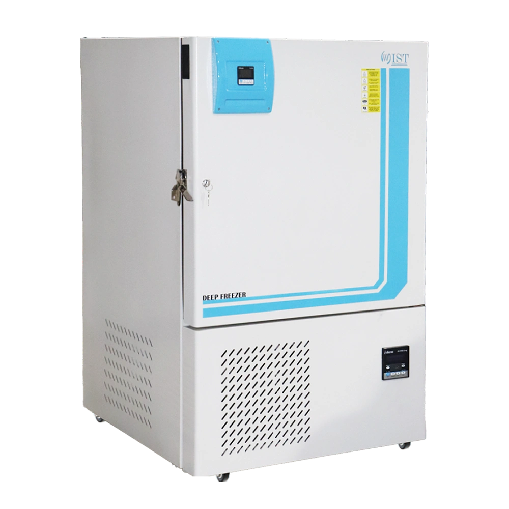 WIST Tiefkühlschrank - aufrechtes Modell mit digitaler Anzeige oben und Belüftung unten, ideal für Labor- und Medizinlagerung bei niedrigen Temperaturen.