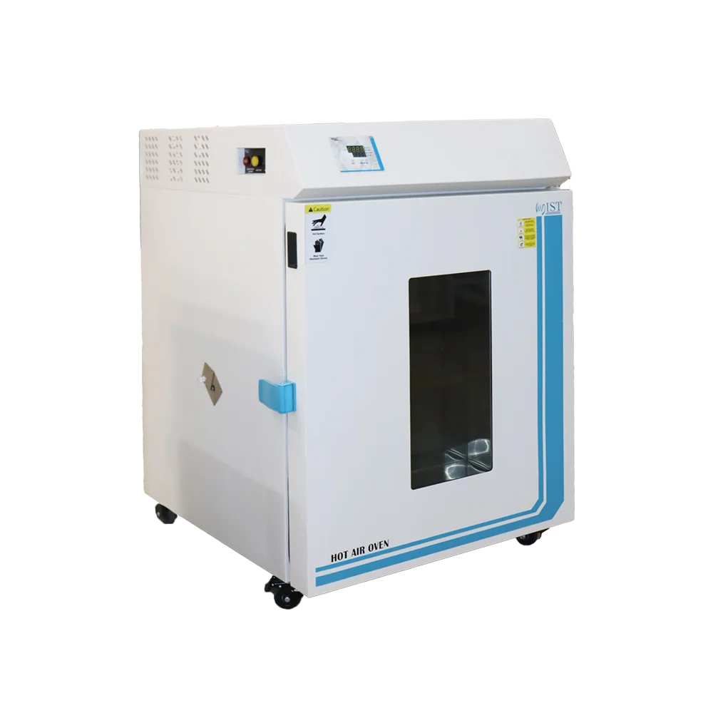 Schräge Ansicht eines WIST Heißluftofens mit Sichtfenster und digitalem Bedienfeld, verwendet für Laborsterilisation und allgemeine Trocknungsprozesse.