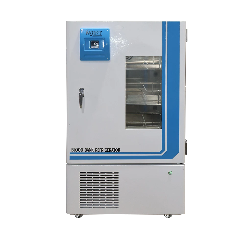 Front view of a WIST Blood Bank Refrigerator displaying a 3.0 ∘C reading, featuring a specialized control panel and inner glass door for safe blood storage.